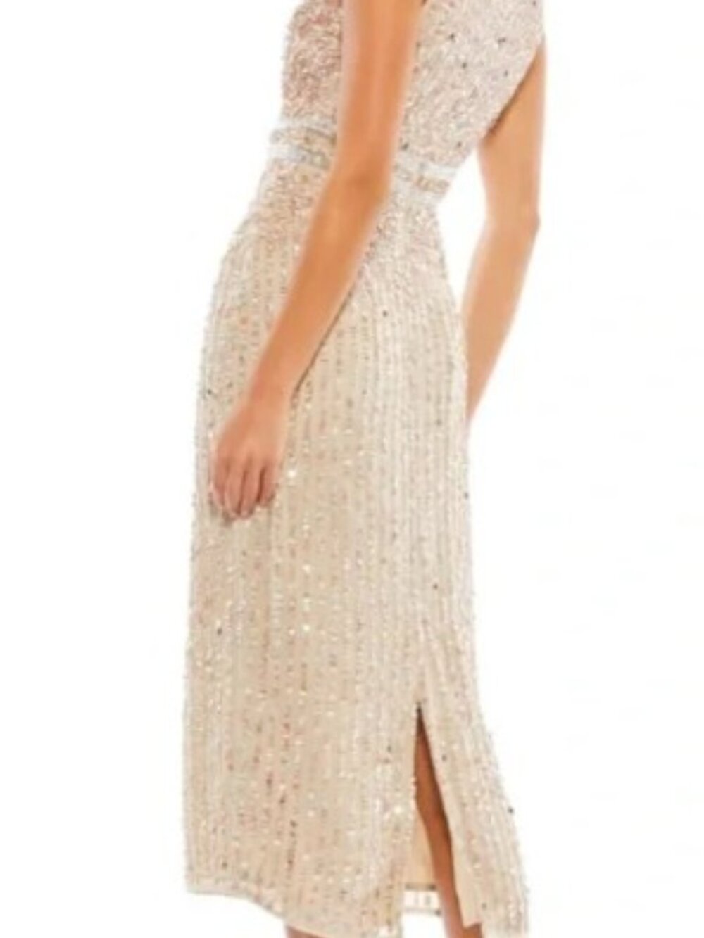 New Mac Duggal 10509 Sleevelss Beaded Midi Sheath Dress in Nude Size 10